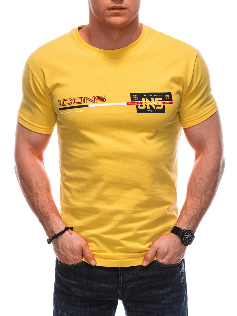 T-shirt męski z nadrukiem S1715 - żółty