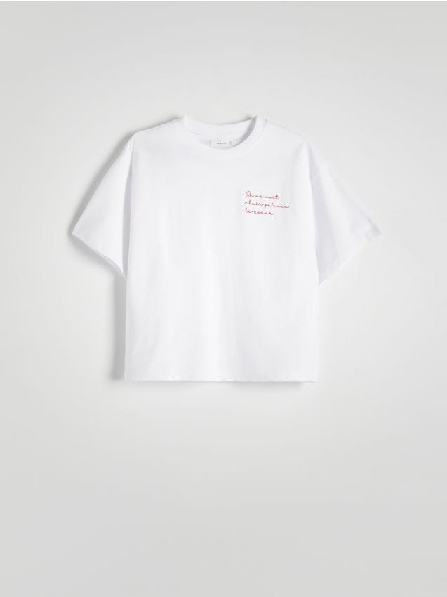 Reserved - T-shirt boxy z haftem - złamana biel