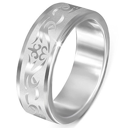 Stalowy pierścionek - matowy z błyszczącym, plemiennym wzorem - Rozmiar : 54