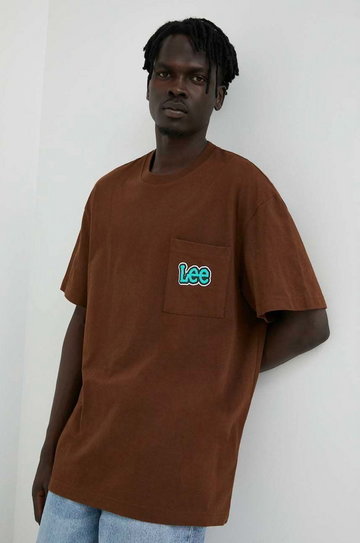 Lee t-shirt bawełniany kolor brązowy z nadrukiem