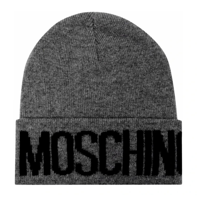 Szary Zimowy Kapelusz z Wzorem Logo Moschino