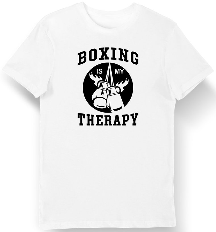 Koszulka męska dla boksera z napisem "Boxing is my therapy" biała XXL