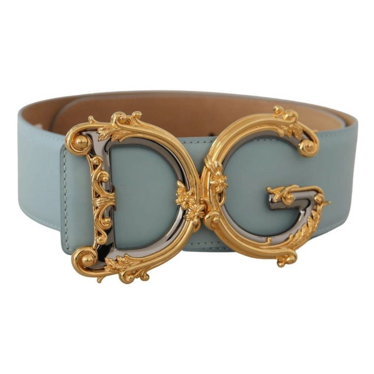 Niebieski Skórzany Szeroki Pas DG Logo Barokowa Złota Sprzączka Pasek Dolce & Gabbana