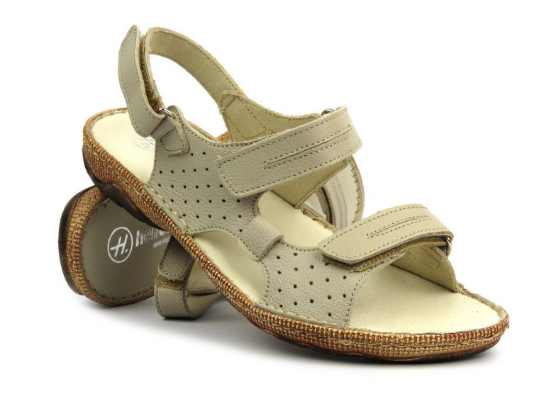 Skórzane sandały damskie na rzepy - Helios Komfort 794, kremowe