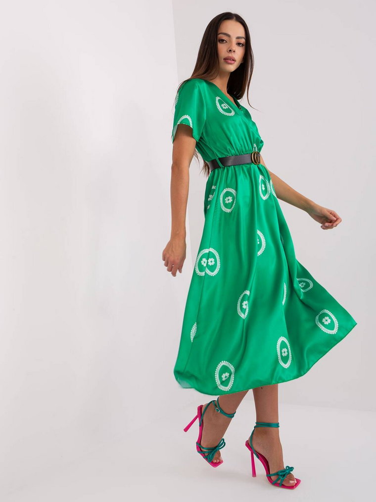 Sukienka z printem zielony koktajlowa dekolt w kształcie V rękaw krótki długość midi pasek