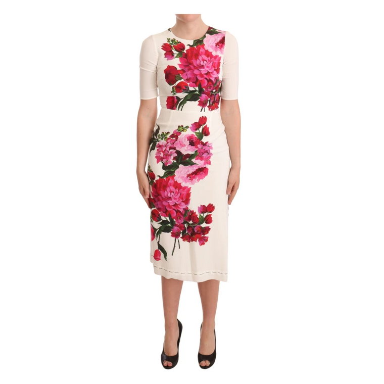 Biała Kwiatowa Sukienka Midi z Rozcięciem Dolce & Gabbana