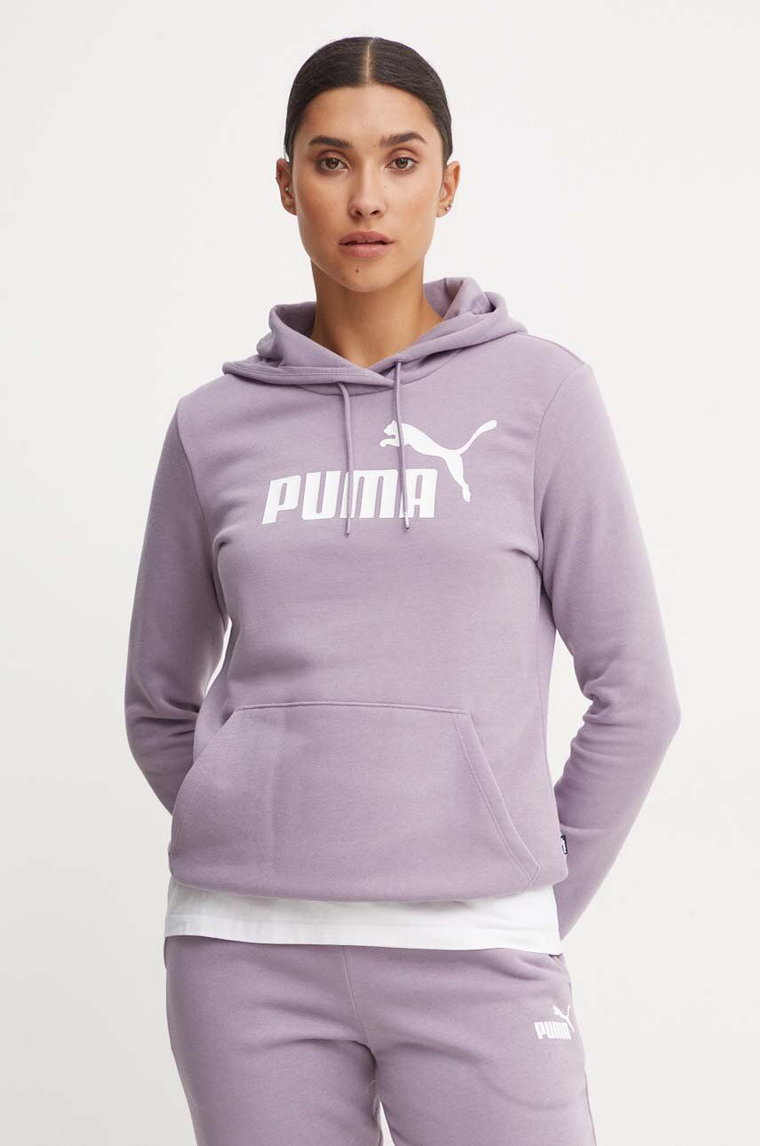 Puma bluza damska kolor fioletowy z kapturem z nadrukiem