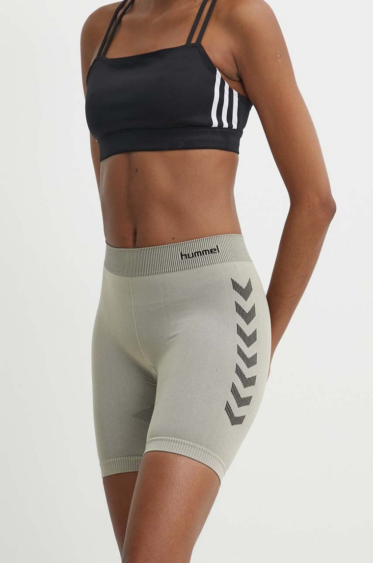 Hummel szorty treningowe First Seamless kolor beżowy z nadrukiem high waist 212556