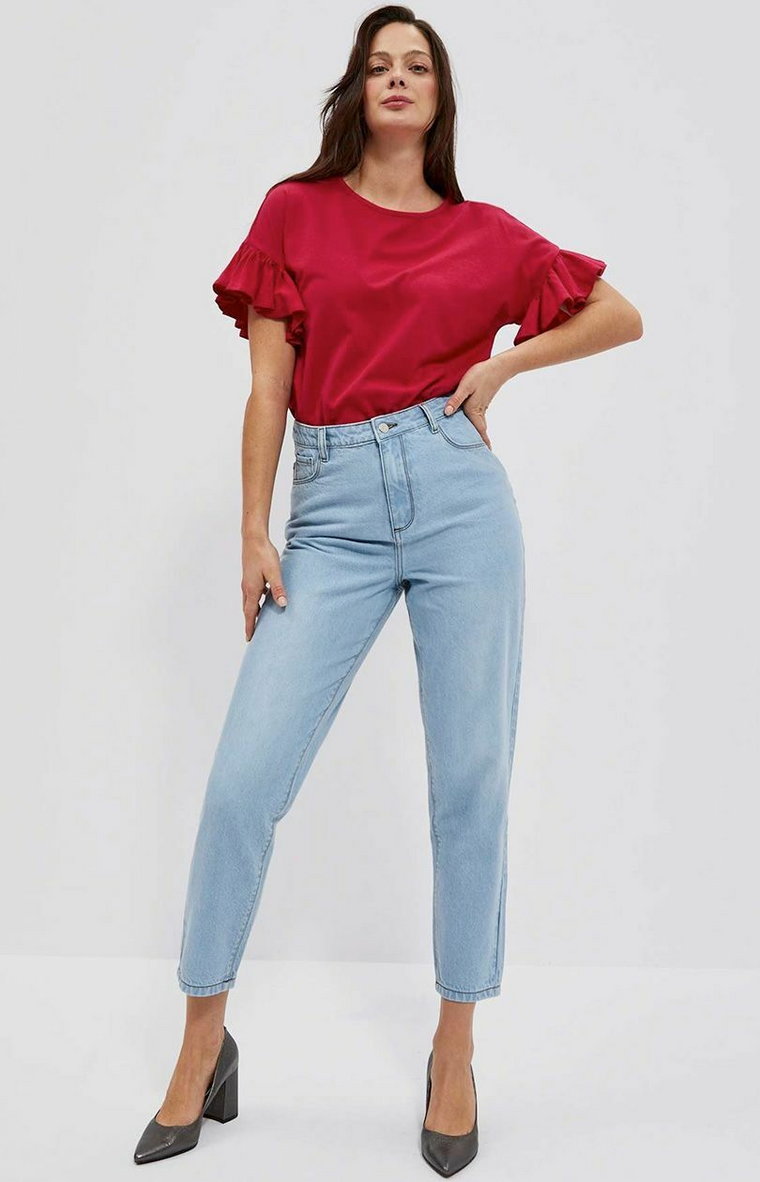Spodnie damskie jeansowe typu mom fit 4017, Kolor niebieski, Rozmiar XS, Moodo