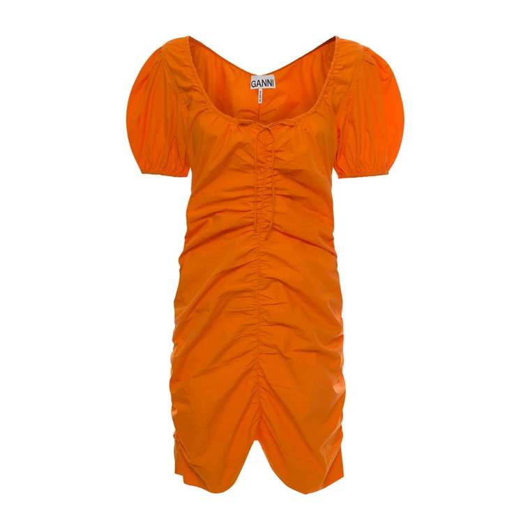 Pomarańczowa Mini Sukienka z Dekoltem w kształcie litery U i Balonowymi Rękawami Ganni
