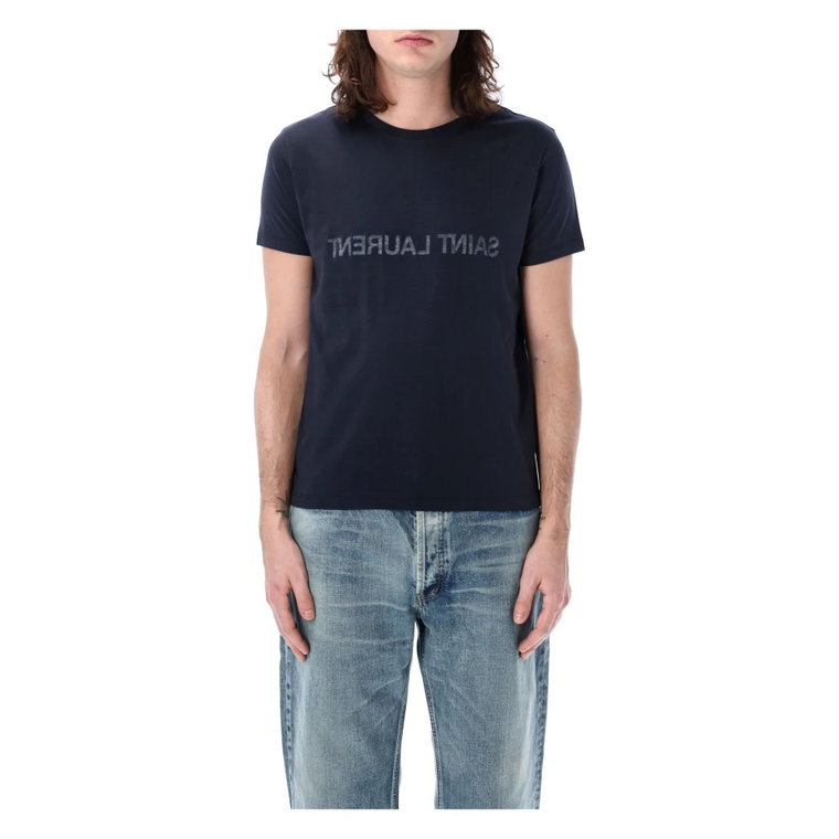 Niebieski T-shirt z odwróconym logo Aw24 Saint Laurent