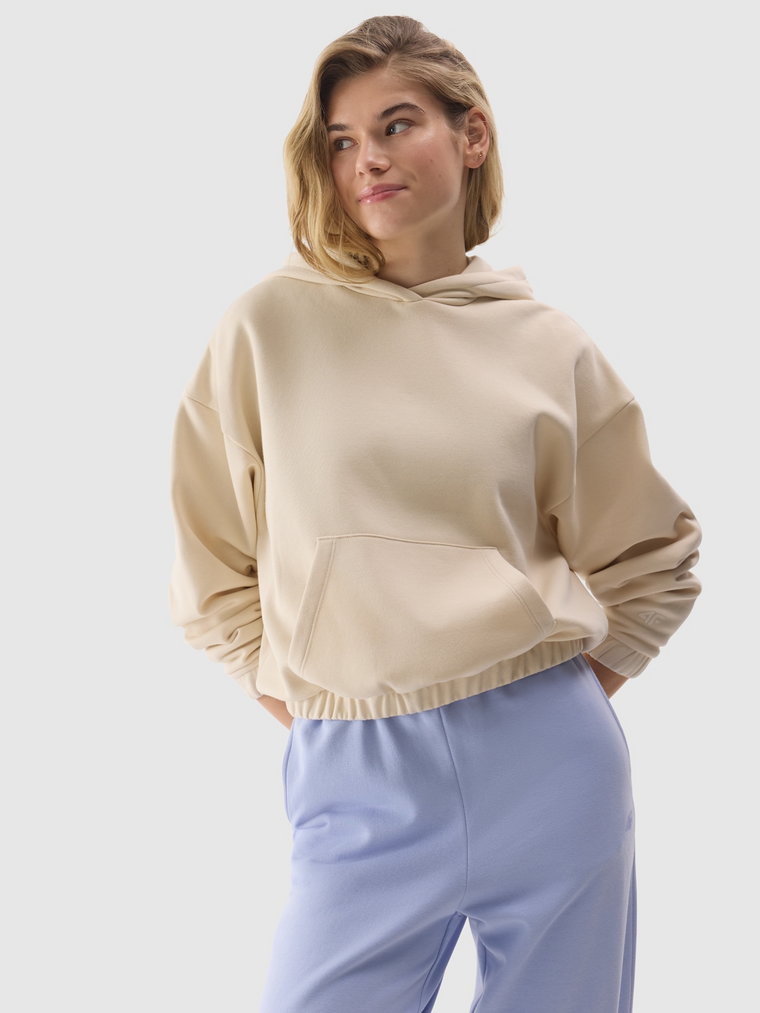 Bluza dresowa nierozpinana z kapturem z bawełną organiczną damska - kremowa