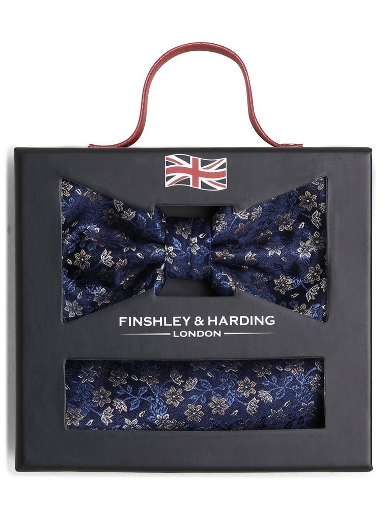 Finshley & Harding London - Muszka i poszetka męska z jedwabiu, niebieski|beżowy|srebrny