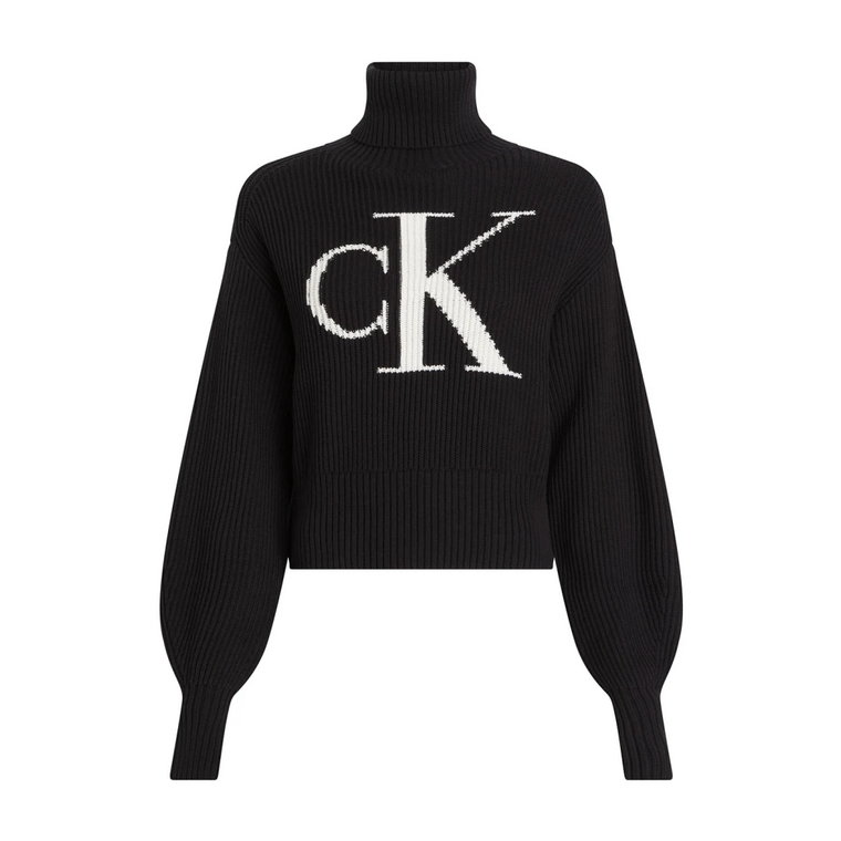 Czarny Sweter z Wysokim Kołnierzem w Wzór Żebrowany Calvin Klein