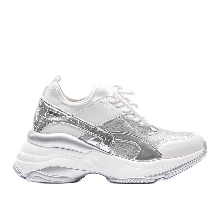 Biało srebrne sneakersy na grubej podeszwie Lea białe