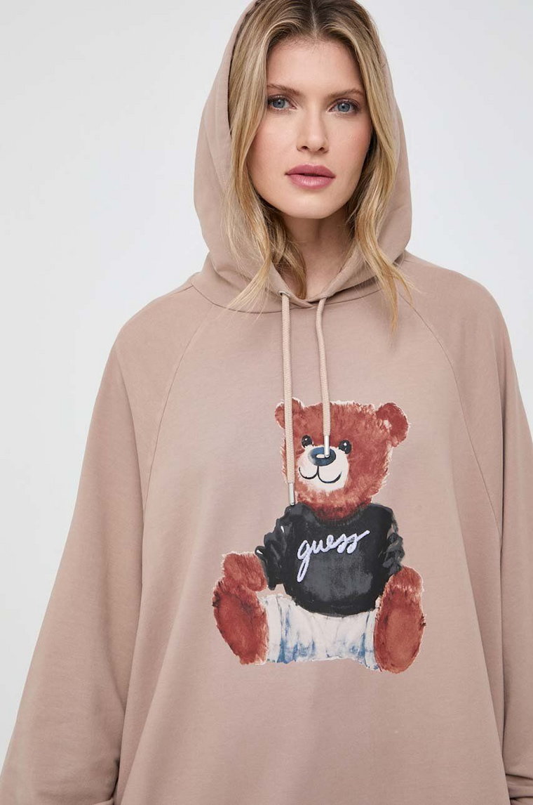 Guess bluza LS PAINTERLY BEAR damska kolor beżowy z kapturem z nadrukiem W4RQ24 K9R31