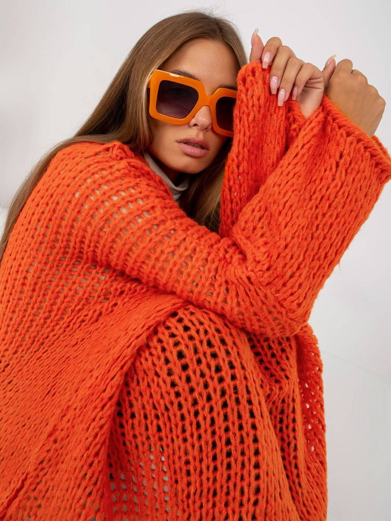 Sweter oversize pomarańczowy casual dekolt w kształcie V rękaw długi