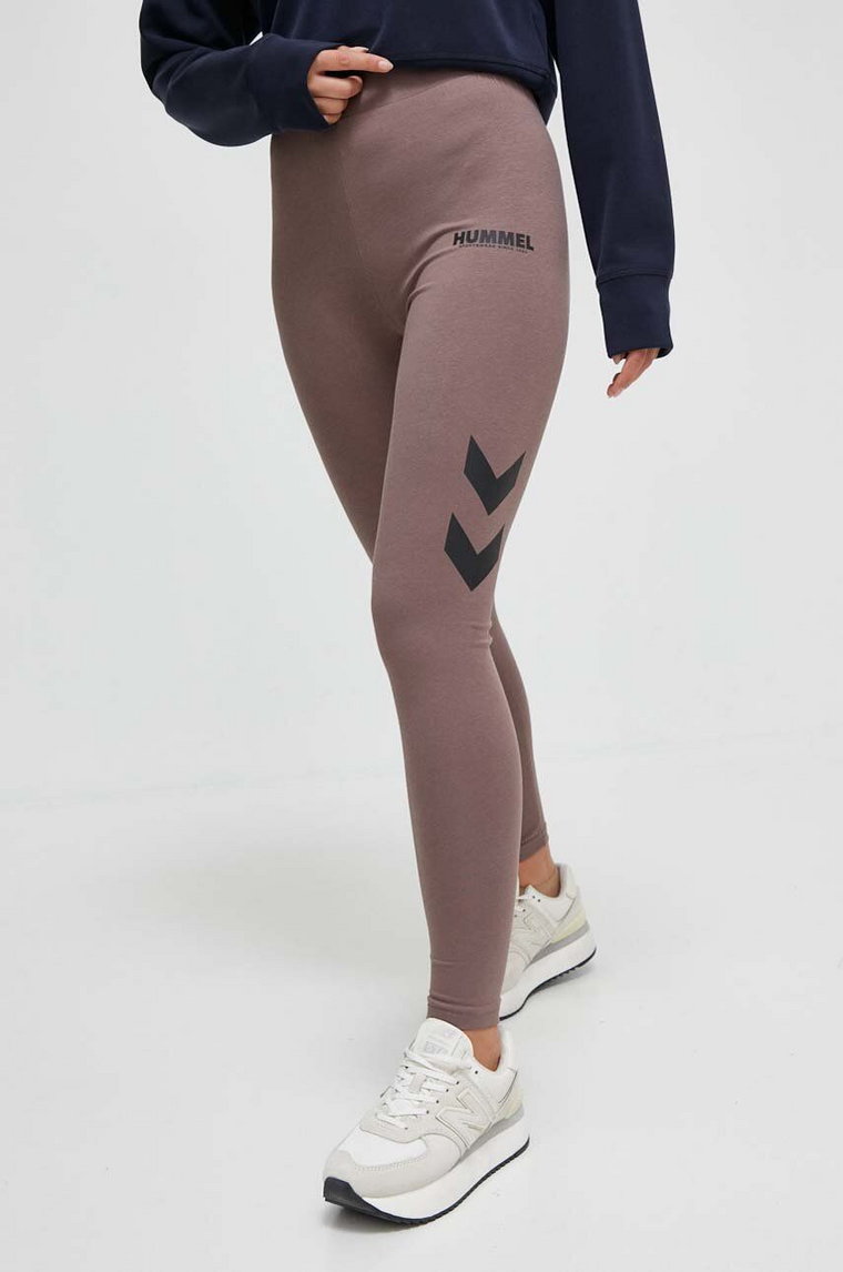 Hummel legginsy hmlLEGACY WOMAN HIGH WAIST TIGHTS damskie kolor brązowy z nadrukiem 212562