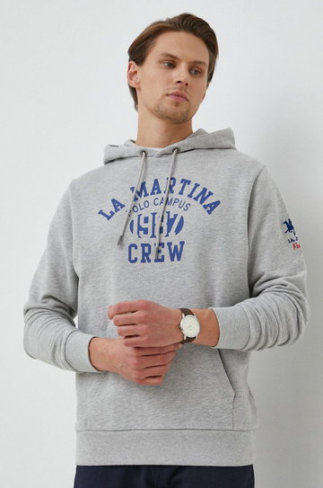 La Martina bluza męska kolor szary z kapturem z nadrukiem