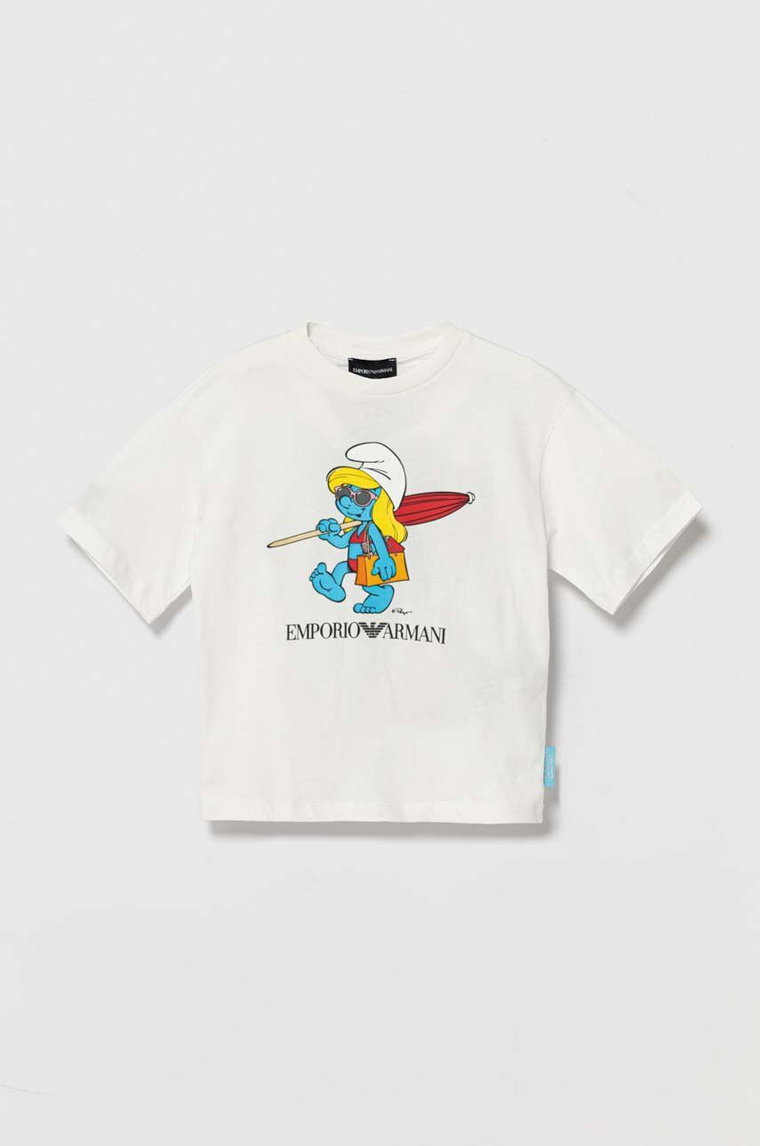 Emporio Armani t-shirt bawełniany dziecięcy The Smurfs kolor biały z nadrukiem
