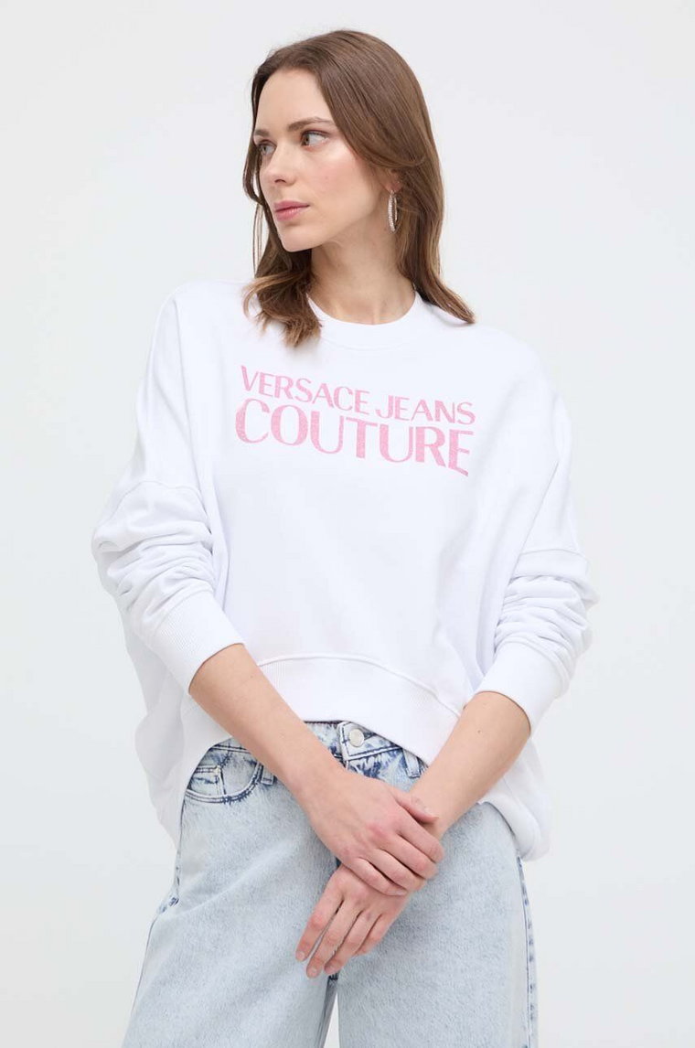 Versace Jeans Couture bluza bawełniana damska kolor biały z kapturem z nadrukiem 76HAIG03 CF01G