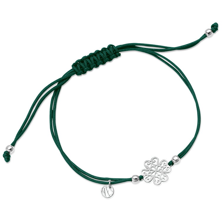 Bransoletka srebrna na zielonym sznurku - koniczyna - Hippie