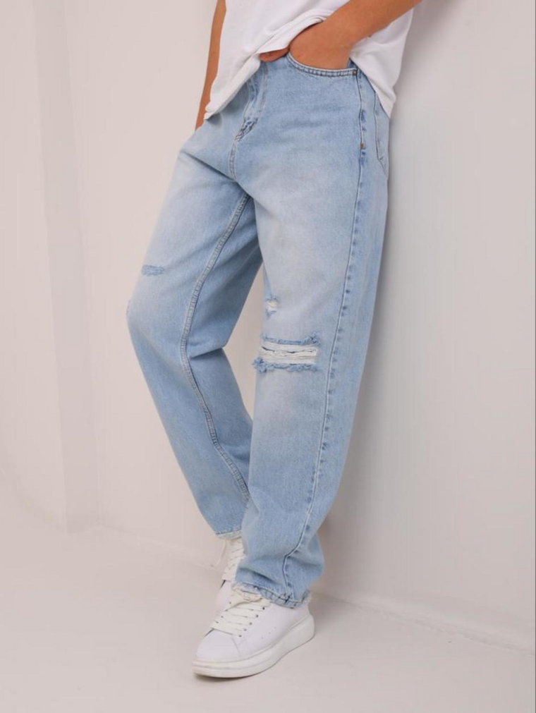 Szerokie Spodnie Jeansowe Baggy i8 Denim Sprane Jasne Niebieskie Damage