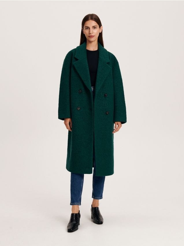 Reserved - Dwurzędowy płaszcz z wełną - zielony