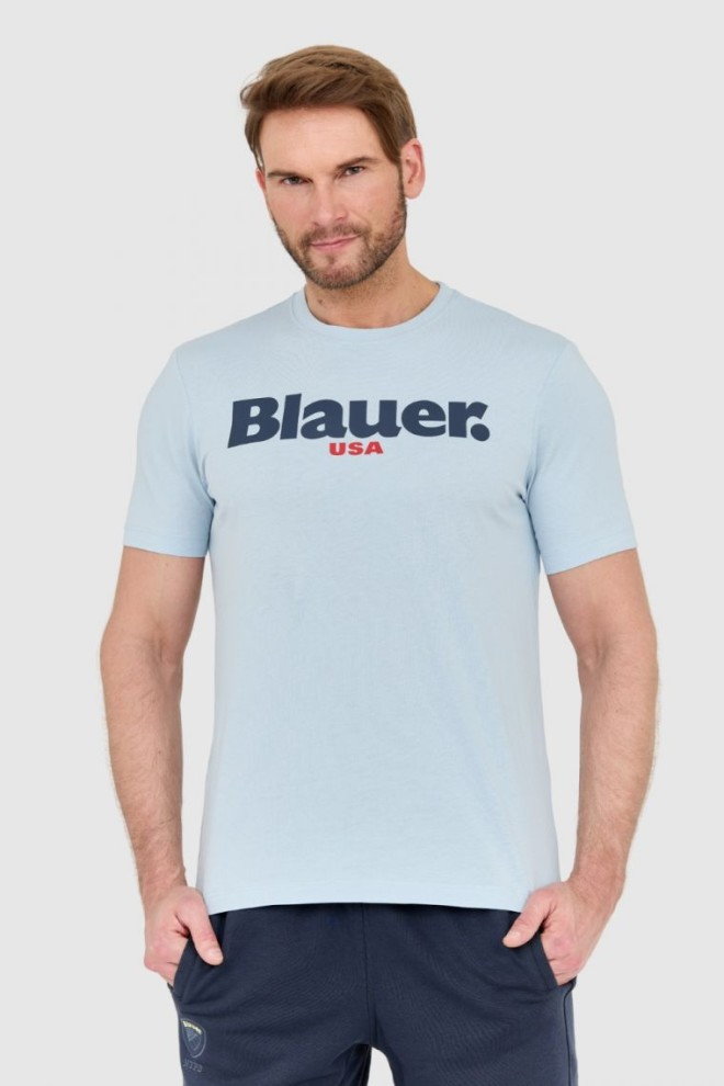 BLAUER Błękitny męski t-shirt z dużym logo