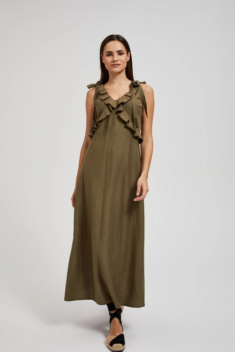 Wiskozowa sukienka z falbankami oliwkowa