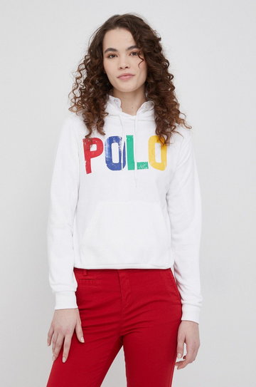 Polo Ralph Lauren bluza 211856647001 damska kolor biały z kapturem z nadrukiem