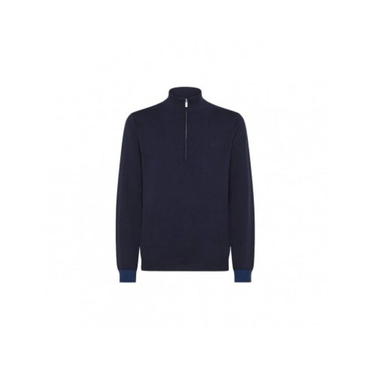 Niebieski Sweter z Półzamkiem i Kontrastowymi Naszywkami Sun68