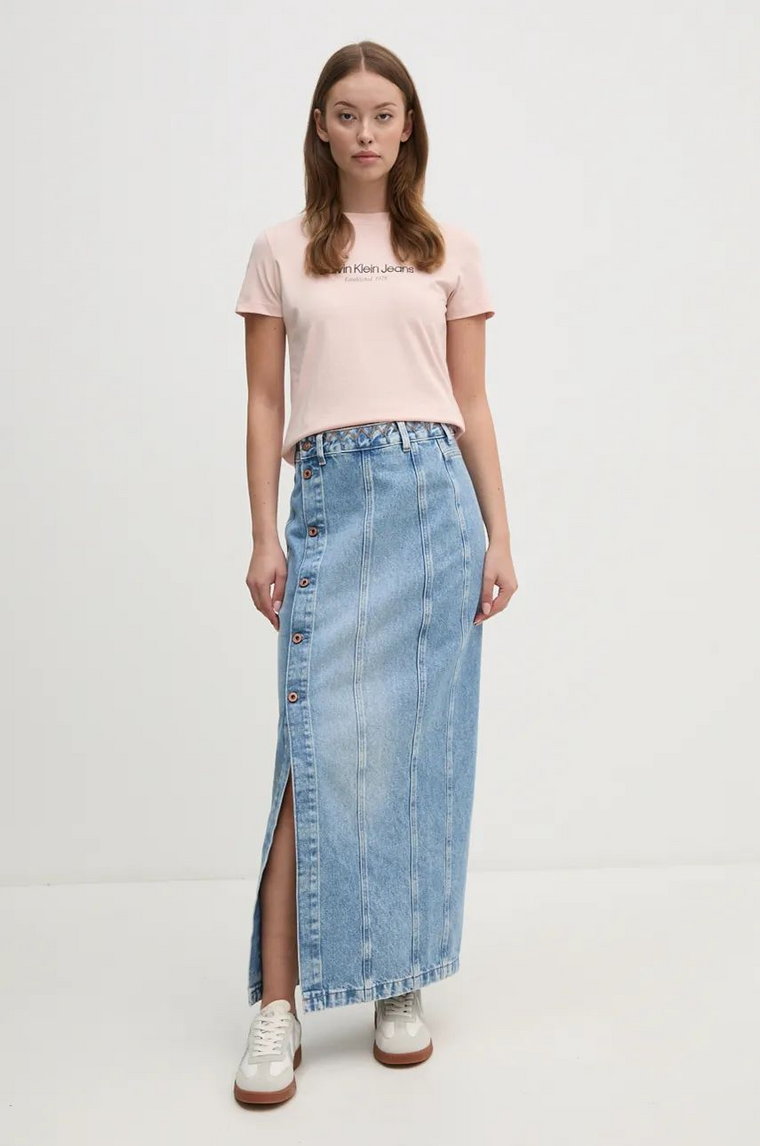 Pepe Jeans spódnica jeansowa MIDI SKIRT UHW EMBRO kolor niebieski maxi prosta PL901166