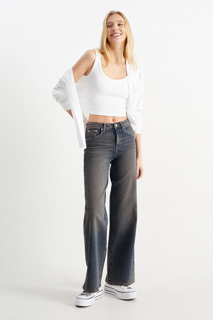 C&A CLOCKHOUSE-Wide Leg Jeans-średni stan, Brązowy, Rozmiar: 42