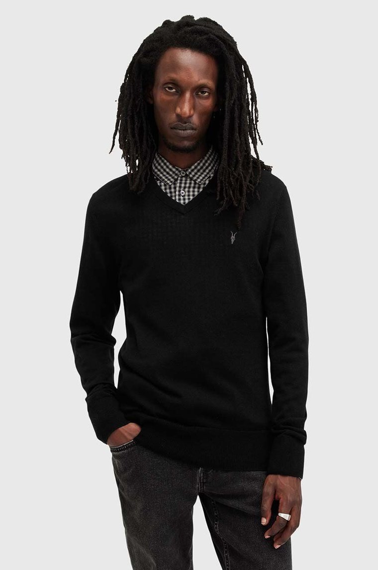 AllSaints sweter wełniany MODE MERINO VNECK męski kolor czarny lekki M022KA