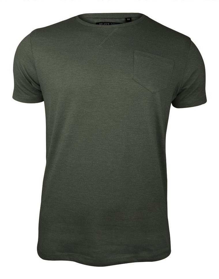 T-Shirt Ciemny Zielony, Khaki z Kieszonką, Koszulka Bez Nadruku -Brave Soul- Męski, Okrągły Dekolt