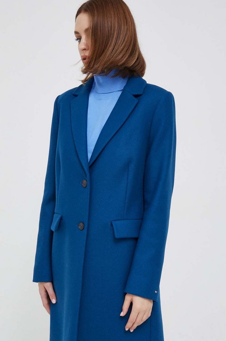 Tommy Hilfiger płaszcz wełniany kolor niebieski przejściowy WW0WW39753