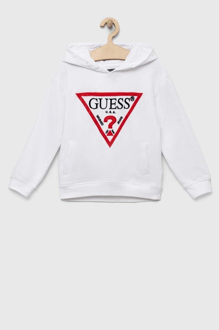 Guess bluza bawełniana dziecięca kolor biały z kapturem z aplikacją