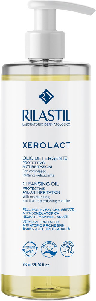 Oczyszczający olejek do twarzy i ciała do skóry bardzo suchej, skłonnej do podrażnień i atopii Rilastil Xerolact 750 ml (8050444858240). Olejek do ciała