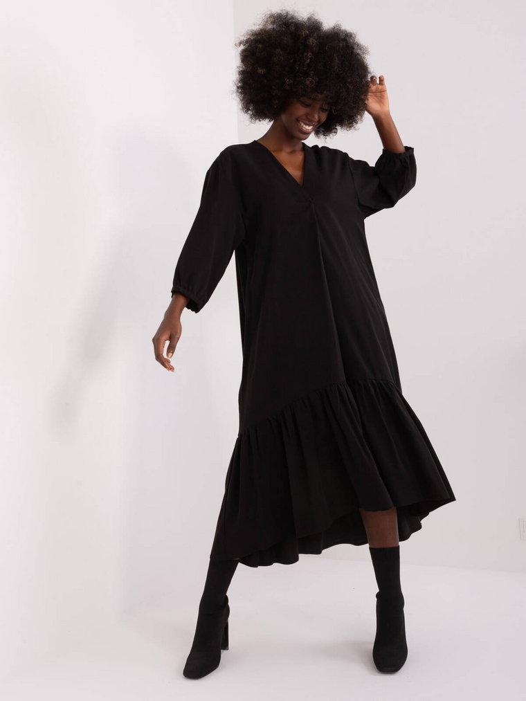 Sukienka z falbaną czarny codzienna dekolt w kształcie V rękaw 3/4 długość midi falbana