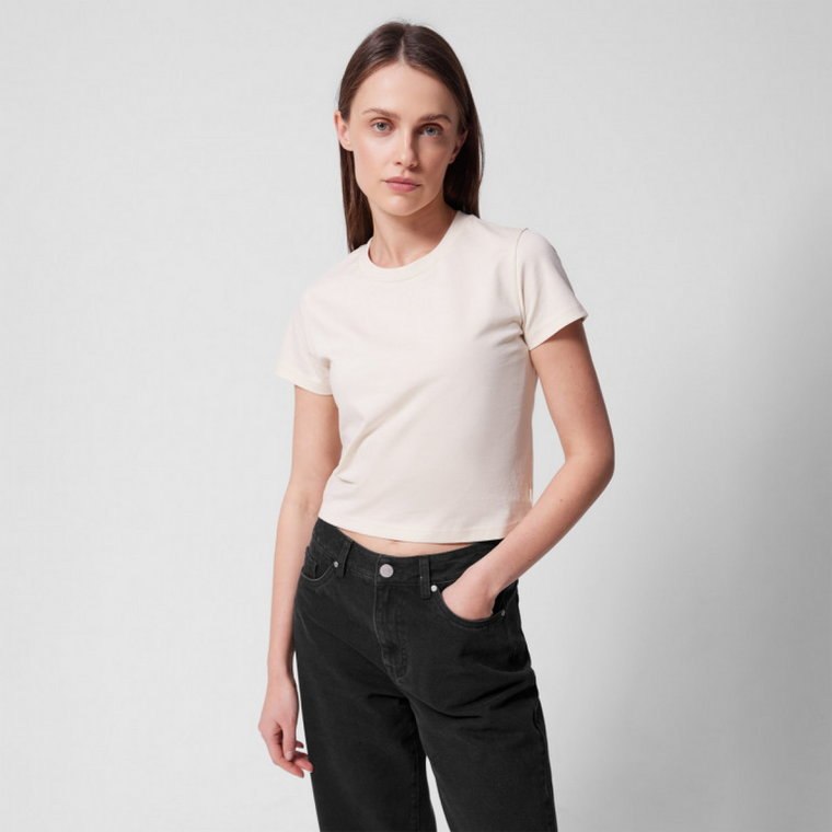 Damski t-shirt crop top Outhorn OTHWSS24TTSHF1478 - beżowy