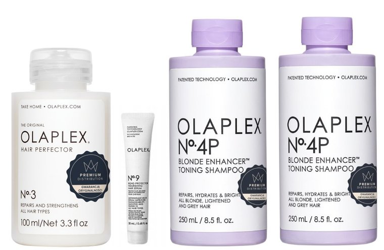 Olaplex Zestaw kosmetyków do pielęgnacji włosów blond (Szampon No. 4P + Odżywka No. 5P + Kuracja No. 3 + Serum No. 9)