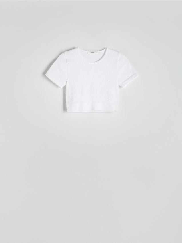 Reserved - T-shirt w prążek - złamana biel
