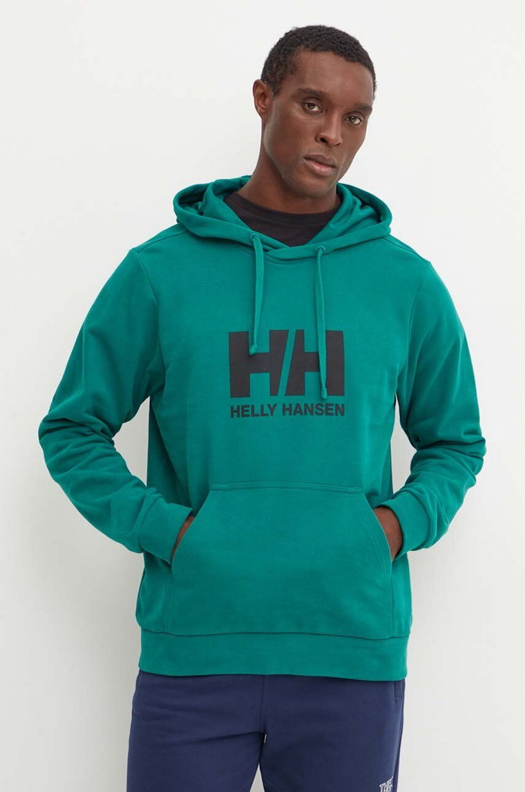 Helly Hansen bluza bawełniana HH LOGO męska kolor zielony z kapturem z nadrukiem 30394