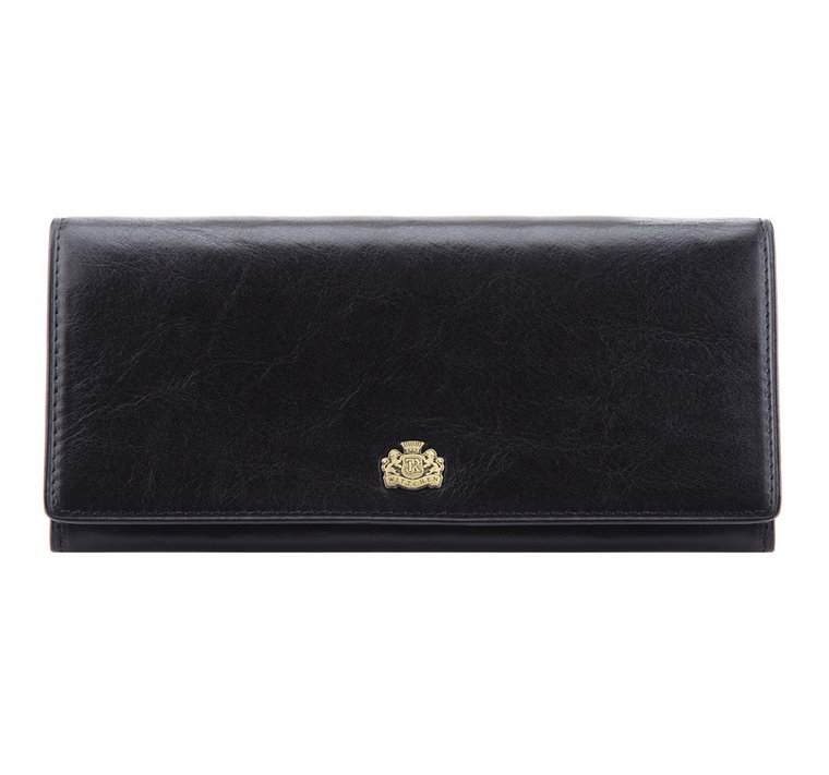 Damski skórzany portfel z herbem poziomy czarny