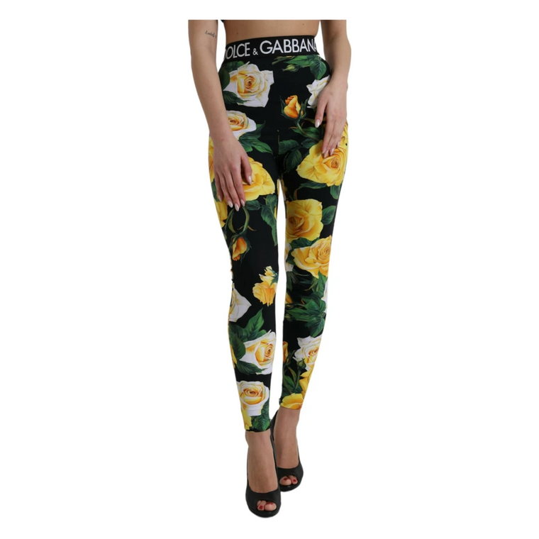 Czarne Kwiatowe Legginsy z Wysokim Stanem Dolce & Gabbana