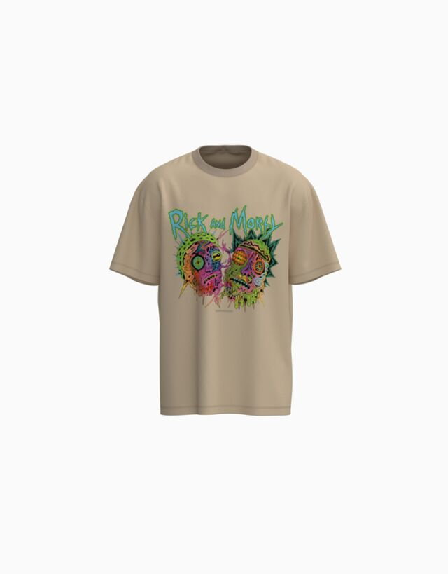 Bershka Rick & Morty  Koszulka O Kwadratowym Kroju Z Krótkim Rękawem I Nadrukiem Mężczyzna M Wielbłądzi