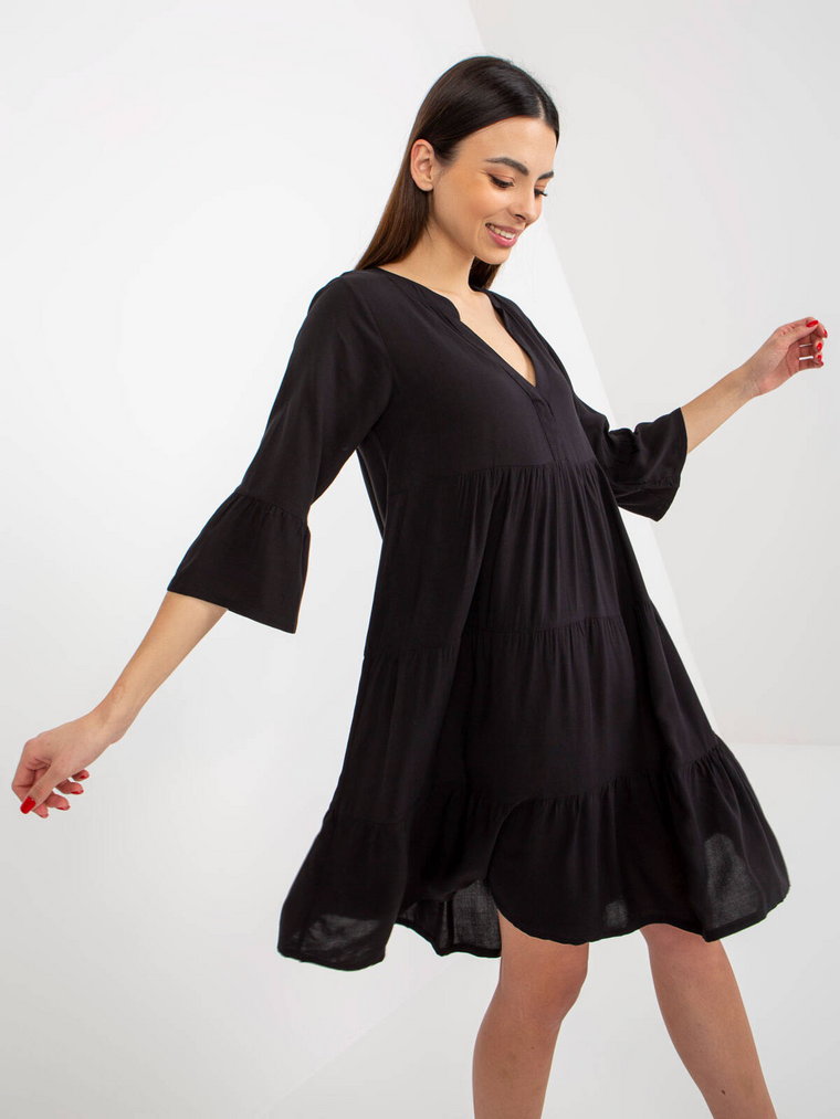 Sukienka z falbaną czarny codzienna letnia boho dekolt w kształcie V rękaw 3/4 długość przed kolano odzież ekologiczna falbana
