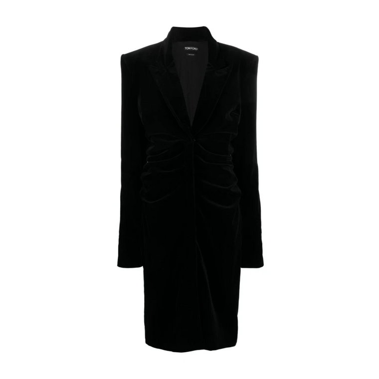 Czarna welurowa sukienka midi z pikowanymi ramionami i zamek błyskawiczny na rękawach Tom Ford