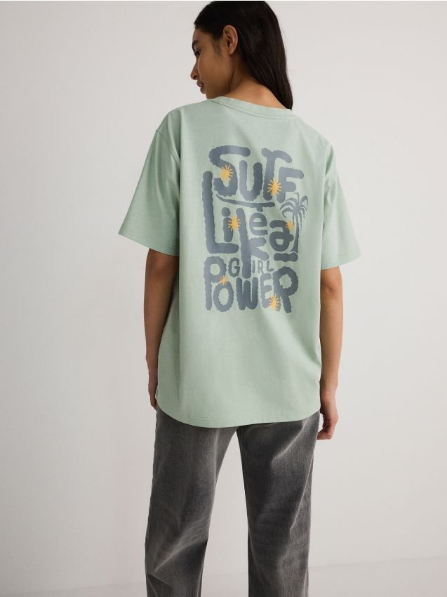 Reserved - T-shirt oversize z nadrukiem - jasnozielony